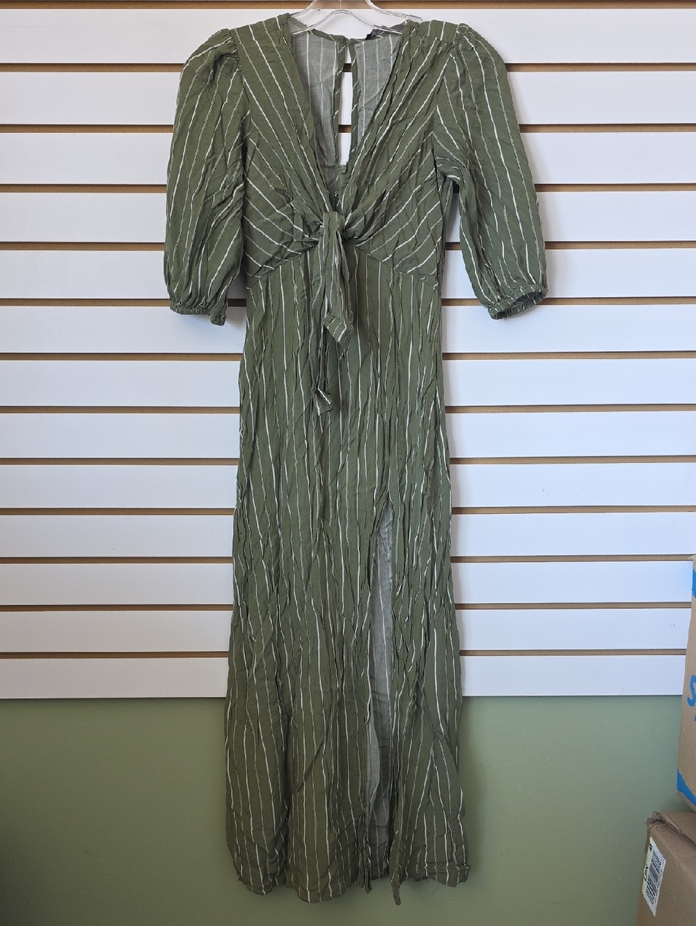 Olive Green Striped Tie-Front Maxi Dress